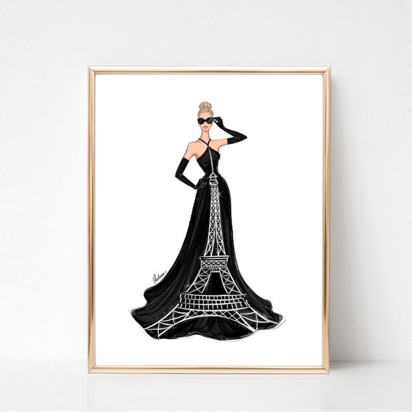 Eiffel Tower black dress art print, Paris drawing fashion illustration, Girly fashion sketch, Black and white fashion wall art, fashion gift