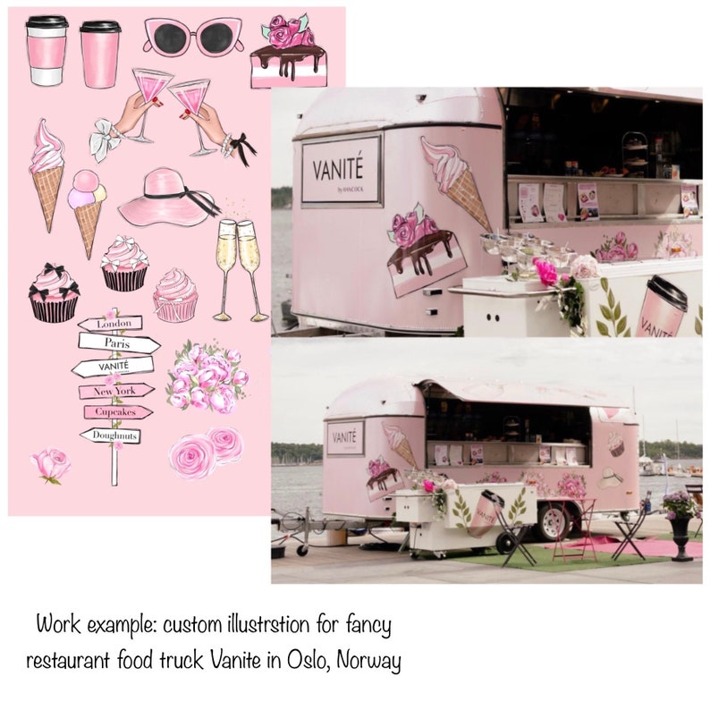 May include: A pink food truck with the name "Vanit&eacute;" on the side. The truck is decorated with illustrations of cupcakes, ice cream cones, and flowers. The truck is parked on a street with a body of water in the background.