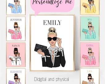 Custom girl fashion portrait for her, Personalized girly art print, Customizable fashion poster, Preppy room decor, Gift for fashion lover