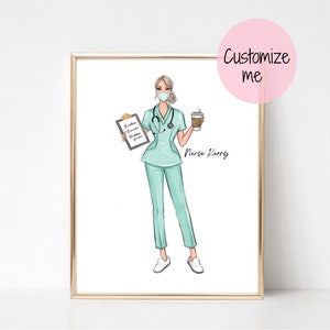 May include: A digital illustration of a nurse wearing a light blue scrub top and pants, a face mask, and a stethoscope. She is holding a clipboard with a checklist and a cup of coffee. The text "Nurse Kerry" is written below the illustration.