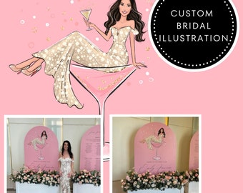 Ilustración personalizada única de despedida de soltera, dibujo personalizado de fiesta nupcial, retrato de boda personalizado, arte de vestido de novia personalizado, regalo de brunch nupcial