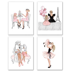 Set of 4 art prints mom and daughter fashion illustrations, set of prints for girl, Girly room wall art, Cute gift for mom of girl