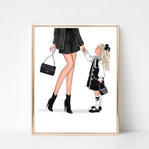 Mom of girl art print personalized fashion illustration, Customizable mom and daughter wall art, Gift for mum of girl, Mom birthday gift,