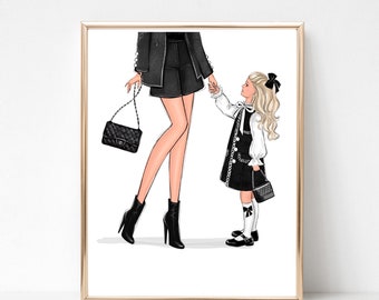 Mom of girl art print personalized fashion illustration, Customizable mom and daughter wall art, Gift for mum of girl, Mom birthday gift,