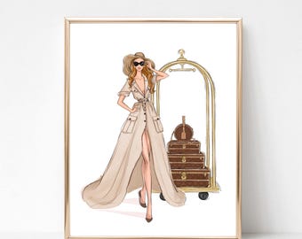 Safari style girl fashion art print, Chic travel art print for fashion lovers, fashion sketch illustration, vanity wall art