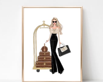 Freche Mädchen Mode Kunstdruck, Chic Reise Kunstdruck für Mode-Liebhaber, Mode Skizze Illustration, Eitelkeit Wandkunst,Mode Schlafzimmer Kunst