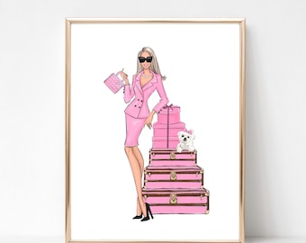 Sassy girl pink fashion art print, fashion sketch illustration, vanity wall art, pink dress wall art, fashion gift, fashion bedroom art
