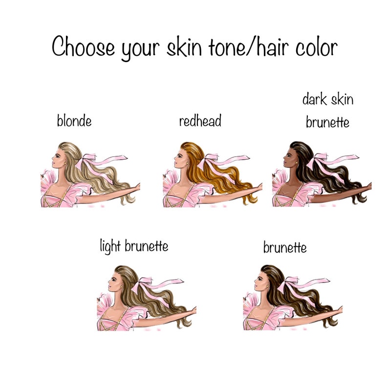 May include: Illustration of six women with different hair colours and skin tones. The women are wearing pink dresses and have long flowing hair. The hair colours are blonde, redhead, brunette, light brunette, and dark skin brunette.