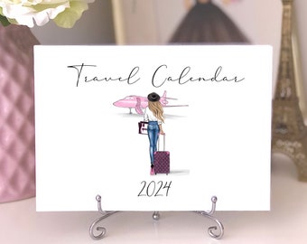 Travel Calendar 2024, Desk Calendar, Fashion illustrated calendar, Girly desk decor, Gift for travel lover, Cute calendar for her