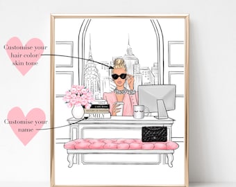 Girl Boss in New York city art print fashion sketch, NYC office art print, office wall art, fashion lover gift for her, Gift for girlfriends