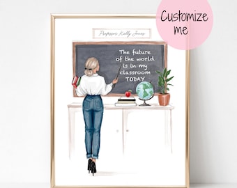 Custom name teacher art print fashion illustration, back to school art print, teacher art print, art teacher gift, girly fashion sketch