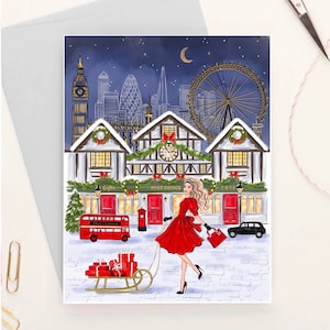 Personalisierte Weihnachts-London-Grußkarte, Feiertagspostkarte für sie, London-Mode-kundenspezifische Karte, London-stationär, benutzerdefinierte Namenskarte