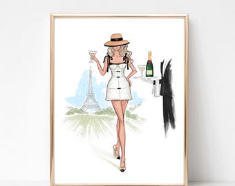 Personalized Paris Chic Watercolor Art Print, Elegant Fashion Illustration, Champagne & Eiffel Tower Wall Art, Fashion sketch gift for her