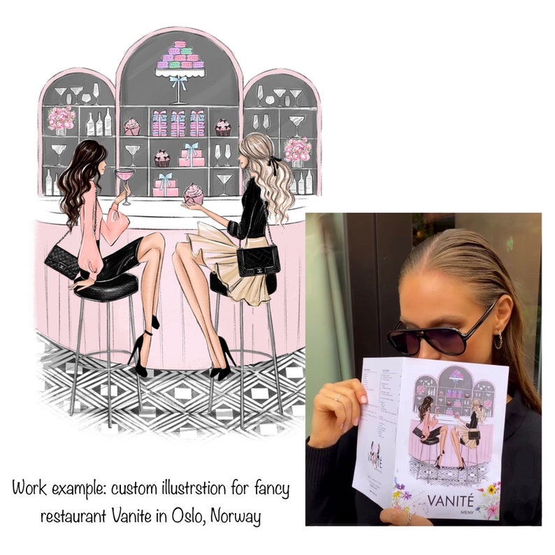 May include: A pink and black illustrated menu for Vanite restaurant in Oslo, Norway. The menu features two women sitting at a table with drinks and desserts. The menu also includes the restaurant's name and logo.