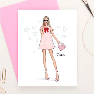 Nom personnalisé carte de Saint-Valentin, carte postale coeurs roses rouges pour elle, carte personnalisée girly, papeterie mode fille, carte de visite personnalisée