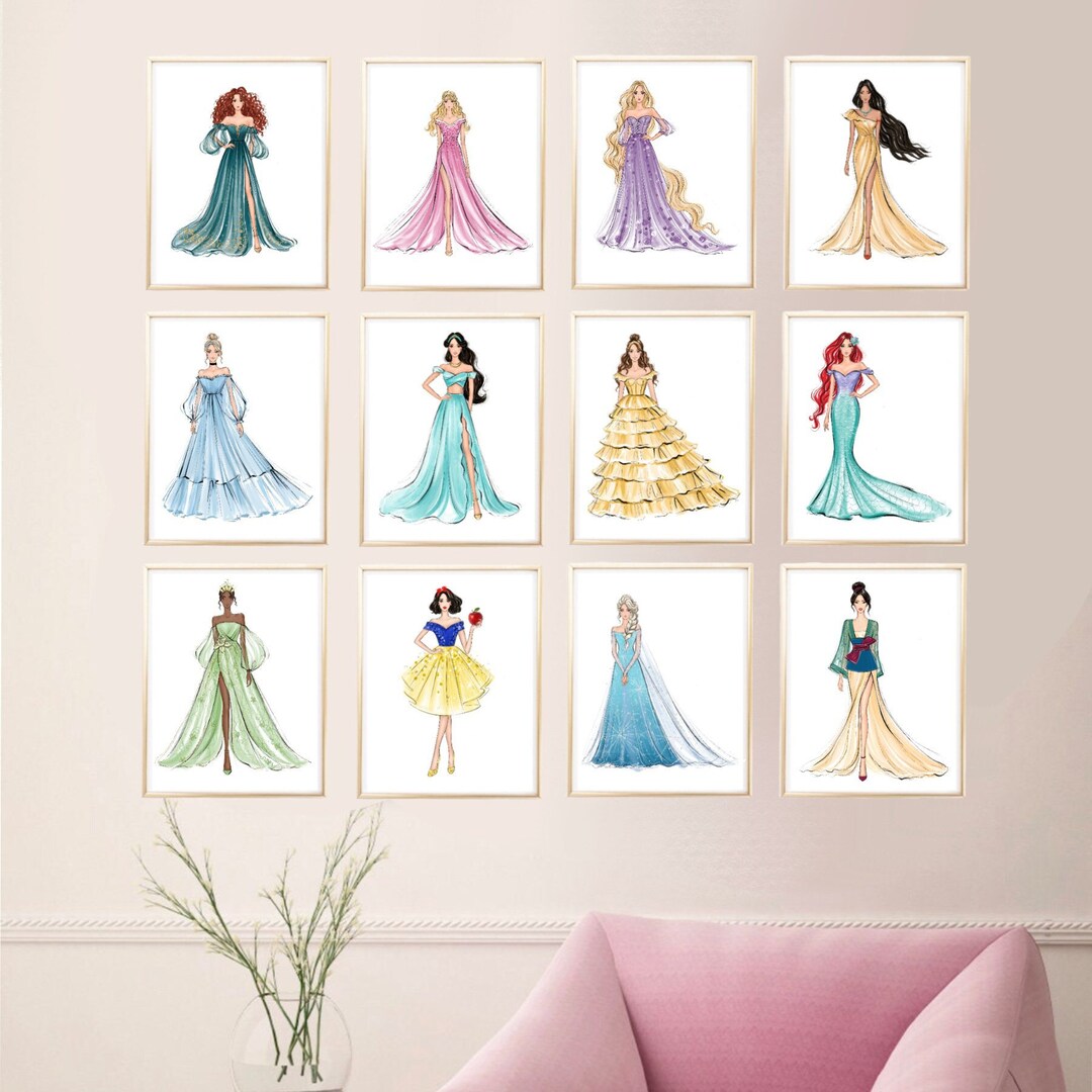 Set of 12 Art Prints All Princesses Fairytale Fashion Illustrations ...