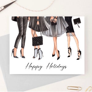 Mode illustratie Kerst wenskaart, Girly ansichtkaart voor haar, Vakantie mode stationair, Kerstkaart cadeau voor modeliefhebber