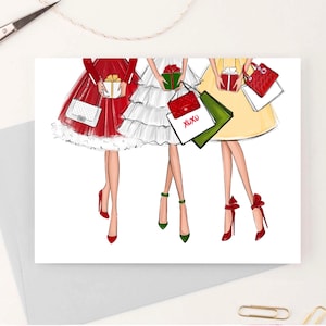 Ilustración de moda Tarjeta de felicitación navideña, Postal femenina para ella, Papelería de moda navideña, Regalo de tarjeta de Navidad para amantes de la moda