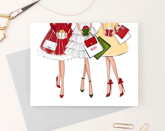 Mode illustratie Kerst wenskaart, Girly ansichtkaart voor haar, Vakantie mode stationair, Kerstkaart cadeau voor modeliefhebber