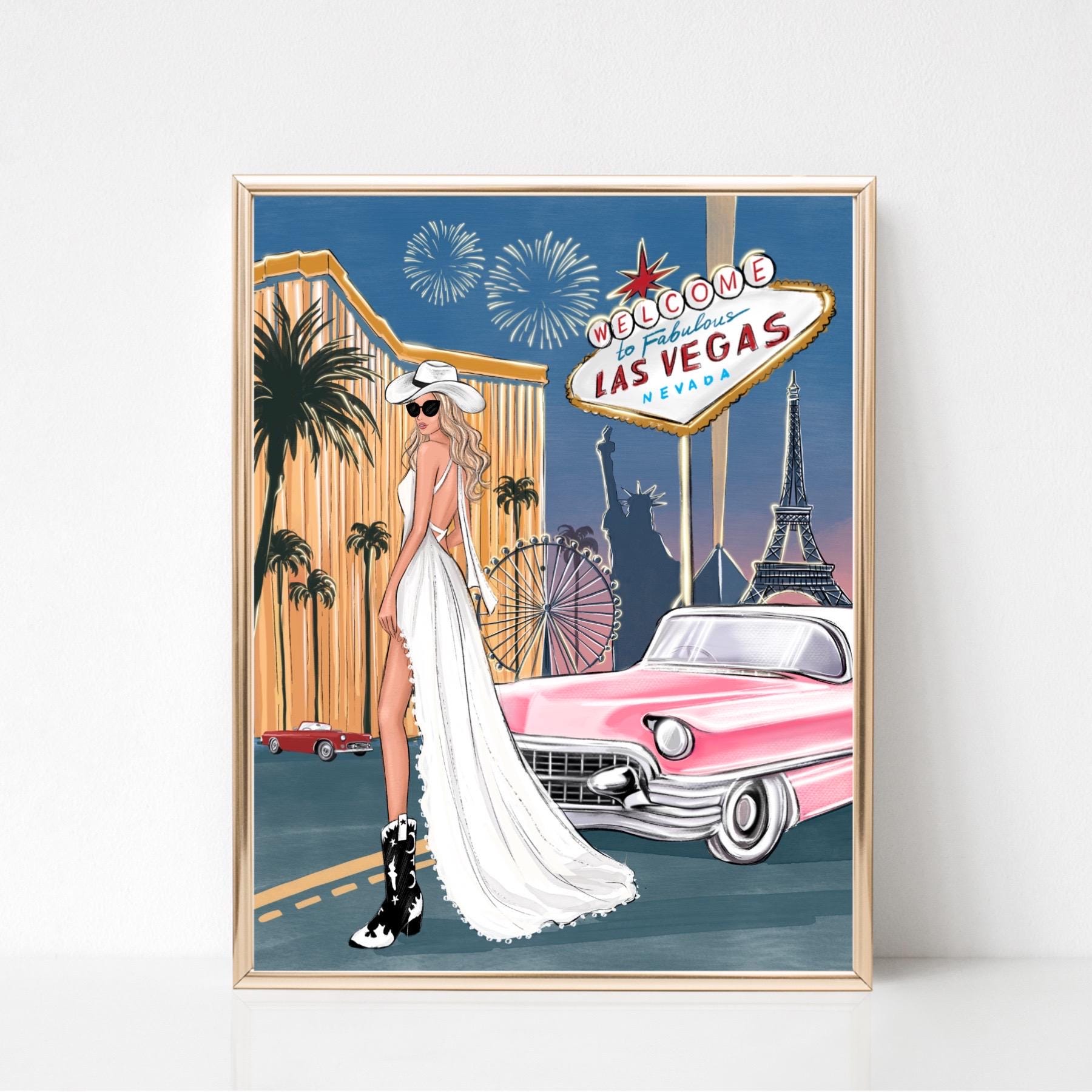 Las Vegas Fashion Illustration Wall Art, Glamorous Cowgirl Print