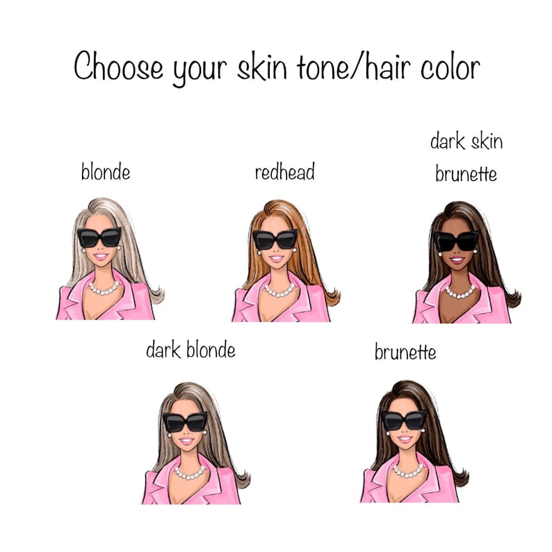 Peut inclure: Illustration de six femmes diff&eacute;rentes avec diff&eacute;rentes couleurs de cheveux et de peau. Les femmes portent des vestes roses et des lunettes de soleil. Le texte "Choisissez votre teint/couleur de cheveux" est en haut de l'image. Les couleurs de cheveux sont blonde, blonde fonc&eacute;e, rousse, brune et brune &agrave; peau fonc&eacute;e.