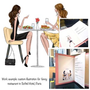 May include: Two women are sitting at a table in a restaurant. One woman is wearing a black dress and the other is wearing a yellow dress. They are both looking at a menu. The menu is open to a page with a drawing of two women sitting at a table. The text on the menu says "Les d&eacute;lices..."