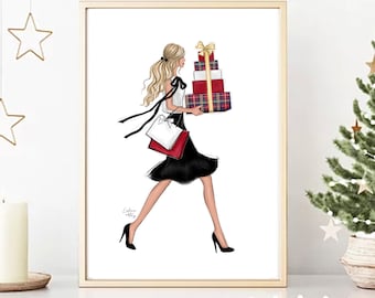 Fashion girl with gifts Christmas art print fashion illustration, girly art print, Holiday girly sketch, Fashion wall art, Christmas gift