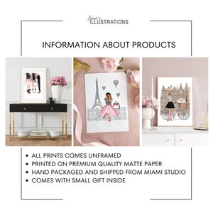 May include: Three framed illustrations of women in different settings. The illustrations are printed on premium matte paper and come unframed.  All prints come with a small gift inside.  "ALL PRINTS COMES UNFRAMED", "PRINTED ON PREMIUM QUALITY MATTE PAPER", "HAND PACKAGED AND SHIPPED FROM MIAMI STUDIO", "COMES WITH SMALL GIFT INSIDE"