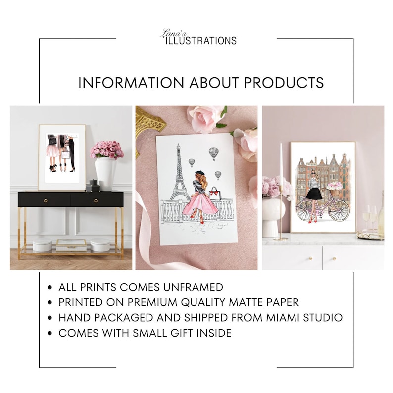 May include: Three framed illustrations of women in different settings. The illustrations are printed on premium matte paper and come unframed.  All prints come with a small gift inside.  "ALL PRINTS COMES UNFRAMED", "PRINTED ON PREMIUM QUALITY MATTE PAPER", "HAND PACKAGED AND SHIPPED FROM MIAMI STUDIO", "COMES WITH SMALL GIFT INSIDE"
