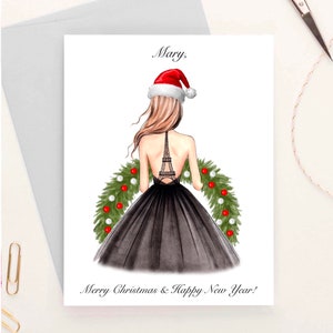 Carte de vœux de mode personnalisée, carte postale girly pour elle, carte personnalisée de Noël de Paris, carte d’illustration de mode, carte de nom personnalisée
