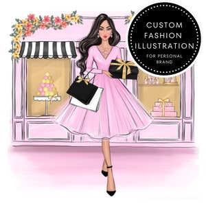 May include: A woman in a pink dress with black heels walks past a pink storefront with a striped awning. She is carrying a black gift box with a gold bow and a black and white shopping bag. The storefront has a display of pink and gold gift boxes and a cake with pink and yellow macarons.