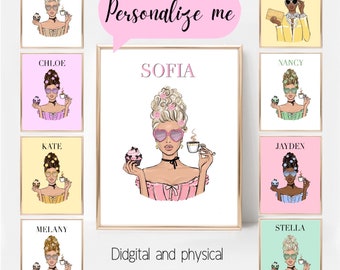 Custom girl fashion portrait for her, Personalized girly art print, Customizable fashion poster, Preppy room decor, Gift for fashion lover