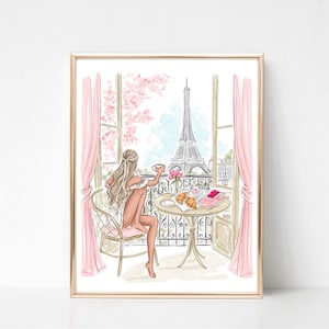 水彩画風ファッションイラストのパリの壁アート、エッフェル塔のスケッチ、春の花柄アートプリント、シックでフェミニンな壁装飾