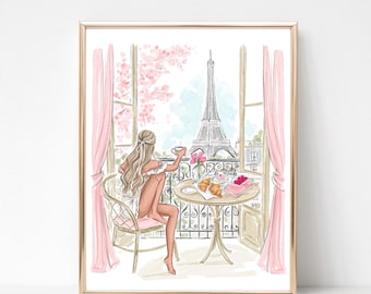 Watercolor Fashion Illustration Paris Wall Art, Eiffel Tower sketch, Spring Floral Art Print, Chic Feminine wall decor