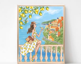 Impressão de arte da Costa Amalfitana, arte de parede de limão, ilustração de viagem à Itália, arte de parede de moda, decoração europeia, impressão de arte de viagem