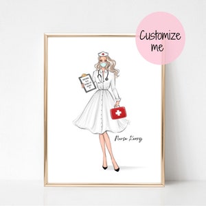 May include: A digital illustration of a nurse wearing a white uniform, a face mask, and a white nurse's cap. She is holding a clipboard with the text "Nursing is a work of heart" and a red first aid kit. The text "Nurse Kerry" is written below the illustration.