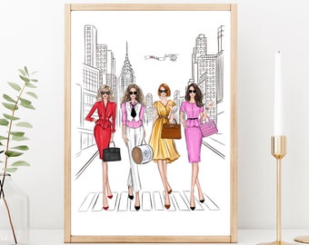 Fashion girls in New York city art print fashion sketch, NYC art print, women wall art, SATC lover gift for her, Gift for girlfriends
