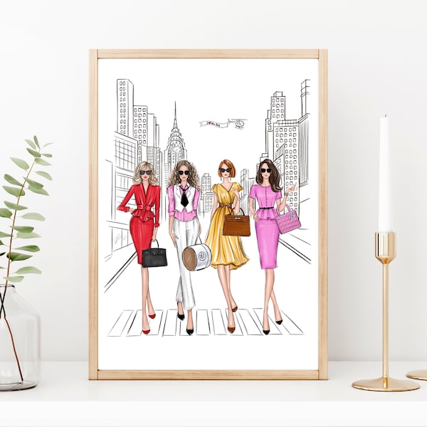 Fashion girls in New York city art print fashion sketch, NYC art print, women wall art, SATC lover gift for her, Gift for girlfriends