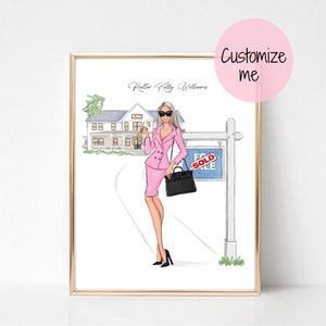 May include: A framed illustration of a realtor in a pink suit, holding keys and a black handbag, standing in front of a house and a "For Sale" sign with a "Sold" sticker. The text "Realtor Kelly Williams" is above the realtor.