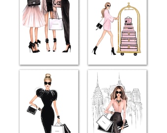 Fashion illustration set of 4 art prints in black and pink tones, NYC fashion prints girly wall decor, Glam art, Fashion lover gift for her