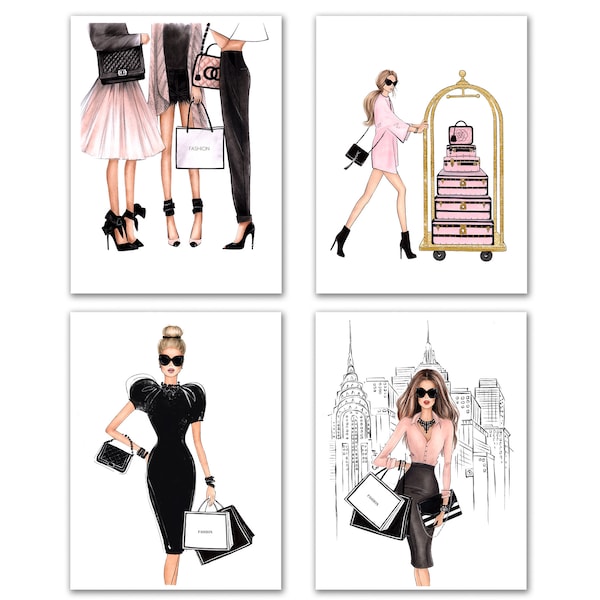 Fashion illustration set of 4 art prints in black and pink tones, NYC fashion prints girly wall decor, Glam art, Fashion lover gift for her