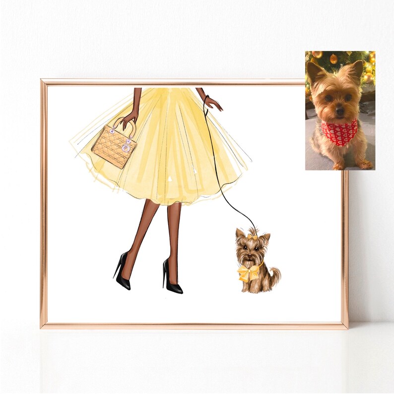 Op de afbeelding: Een digitale illustratie van een vrouw in een gele jurk die een Yorkshire Terrier aan de lijn uitlaat. De vrouw draagt ​​zwarte hakken en draagt ​​een bruine handtas. De hond draagt ​​een gele strik.