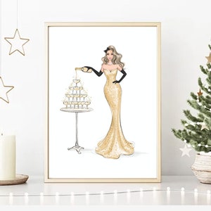 May include: A woman in a gold sequined gown pours champagne into a champagne tower. The tower is made of 10 champagne flutes stacked in a pyramid shape. The woman is wearing black gloves and a black headband.