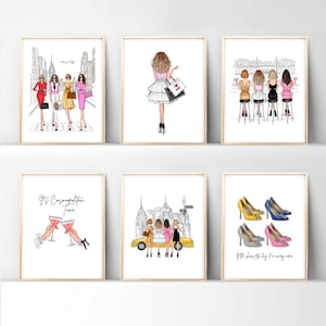 Zestaw 6 wydruków artystycznych: ilustracje mody Girls in the City, wydruki artystyczne z Nowego Jorku, prezent dla ukochanej z Nowego Jorku, prezent dla dziewczyny z wydrukiem artystycznym dla niej