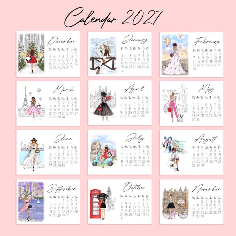 Pode incluir: Um calend&aacute;rio de parede para 2027 com doze p&aacute;ginas mensais apresentando ilustra&ccedil;&otilde;es de uma pessoa em v&aacute;rias roupas e cen&aacute;rios, incluindo paisagens urbanas e marcos. Cada p&aacute;gina exibe o nome do m&ecirc;s, uma grade de datas e um desenho de moda.