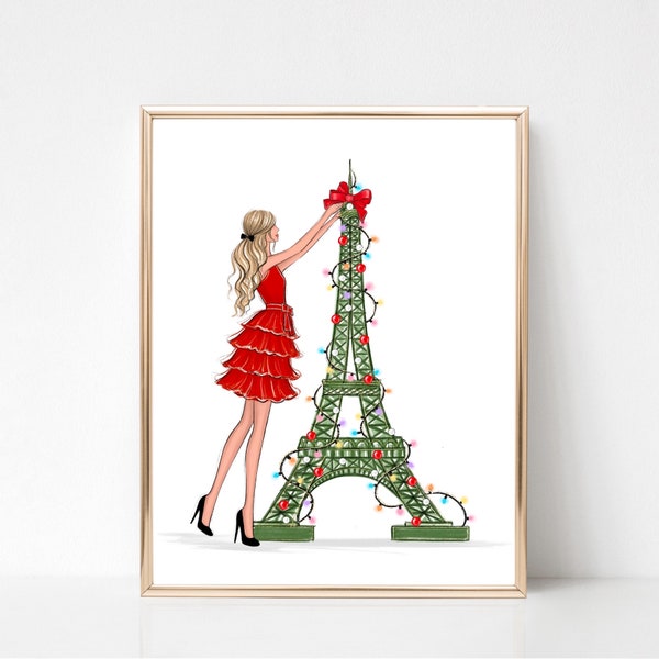 Fashion girl with Eiffel Tower Christmas in Paris art print fashion illustration, girly art print, Holiday girly sketch, Fashion wall art