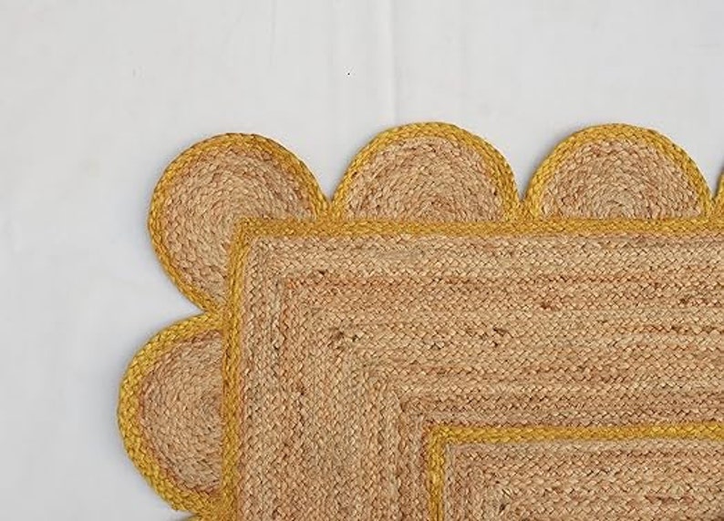 SCALLOPED EDGE Yellow JUTE Rug 120 X 180cm Boho Scallop Pattern Jute ...