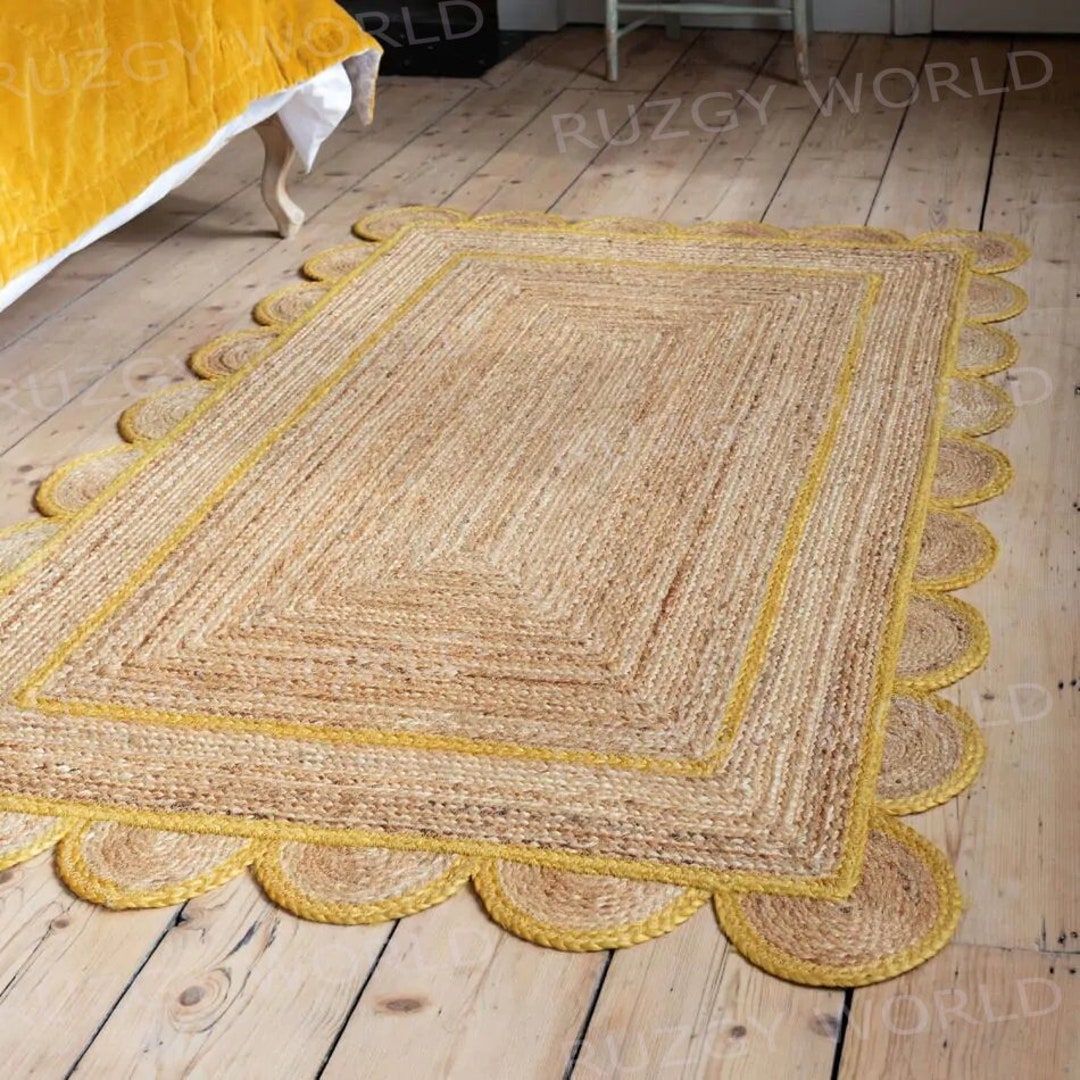 SCALLOPED EDGE Yellow JUTE Rug 120 X 180cm Boho Scallop Pattern Jute