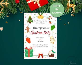 May include: A Christmas party invitation with a white background and a red and green border. The invitation features a gingerbread man, a Christmas tree, a candy cane, a present, a cupcake, and a light bulb. The text on the invitation reads "Join Us For A Jolly Good Time! Thompson's Christmas Party December 21 At 4 PM 1234 Noel Ave, Chicago, IL, 01010 RSVP Samantha at 123 456 7891".