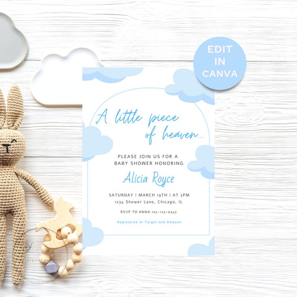 A Little Piece of Heaven Shower Invite - Boy Baby Shower - Blue Baby Shower Invite - Cloud Shower - Editable Template - Instant Download